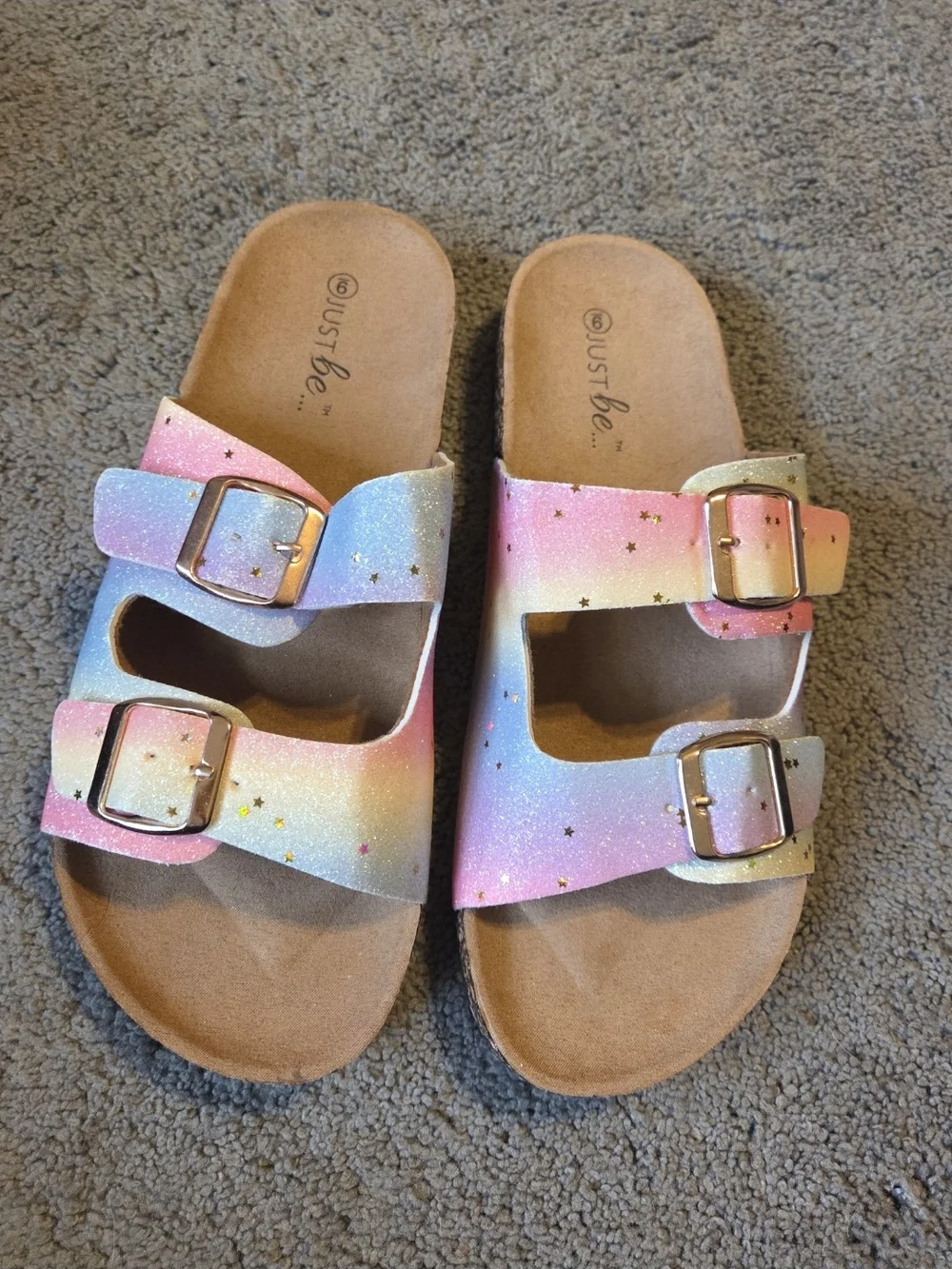 Just Be Pastel Rainbow Glitter Double-Buckle Slide Sandals with Gold SIZE 9